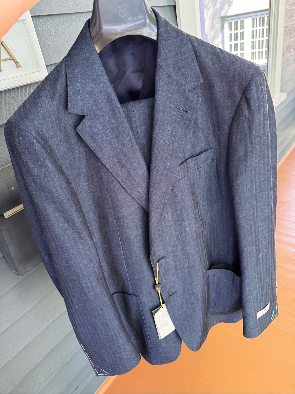 Canali Blue Wool Linen Suit 54R NWT Made in Italy Herringbone Luxury Tailored